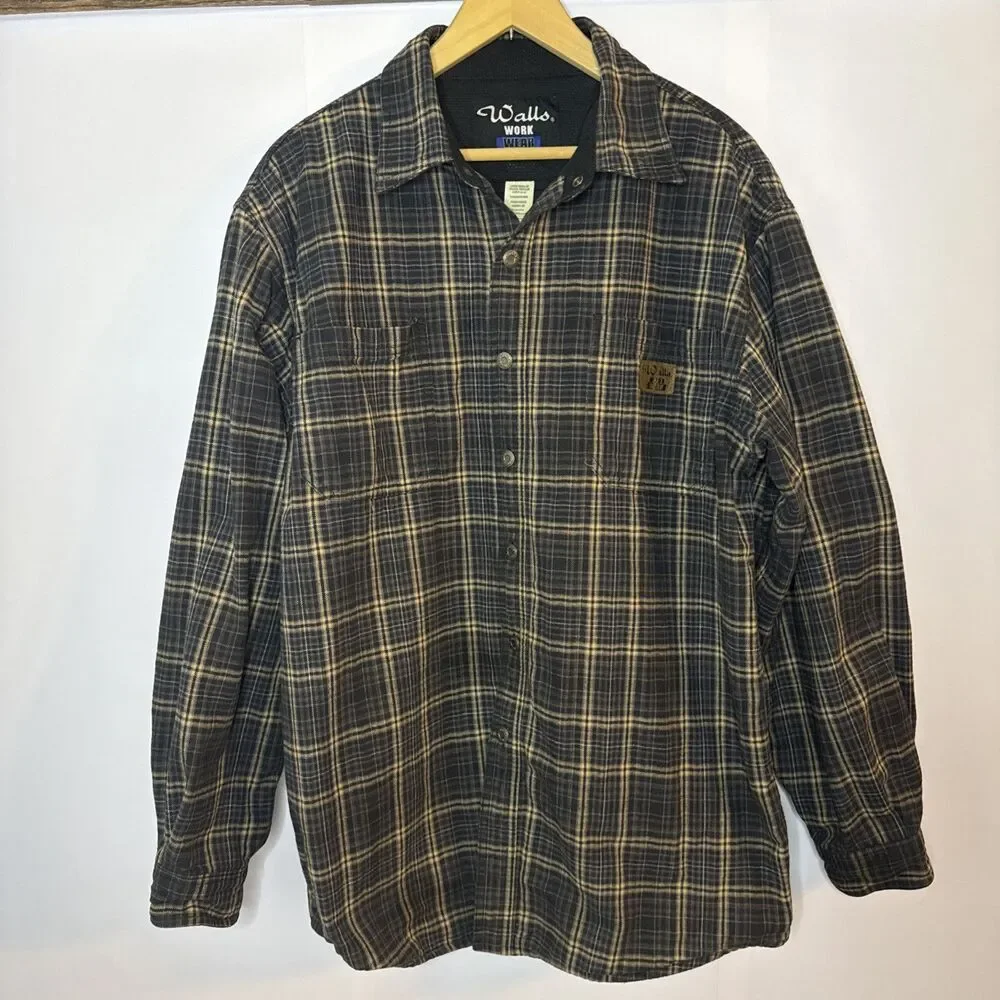 Walls Workwear‎ Mens Large Plaid Lined Thick Cotton Flannel Shirt Jacket Chore